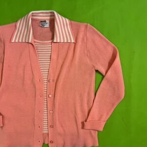 M 60s Montgomery Ward Acrylic Knit Cardigan Top Pink Striped Collar Double Shirt